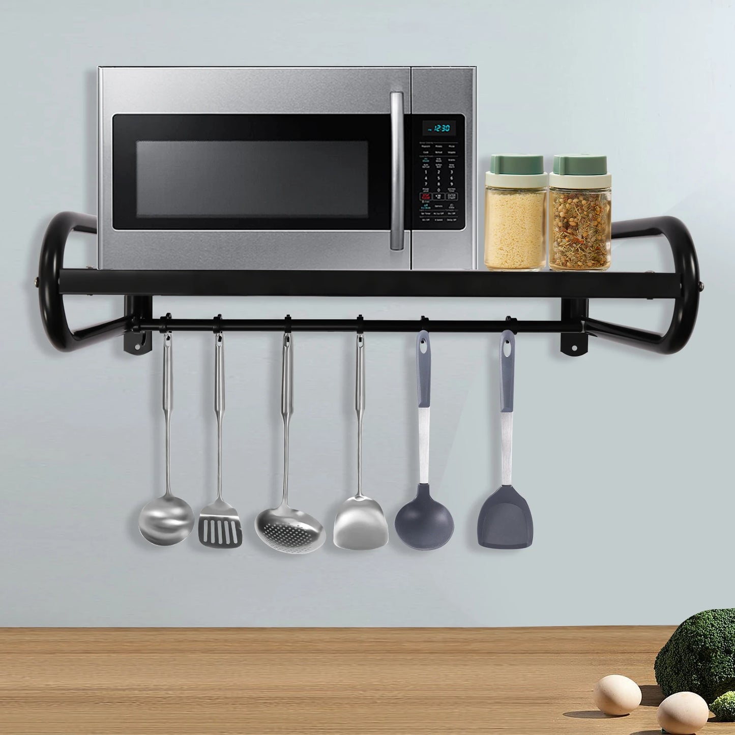 Wall-Mounted Microwave Oven Rack, Durable Carbon Steel, Large Size Shelf for Kitchen Organization, Easy Installation with