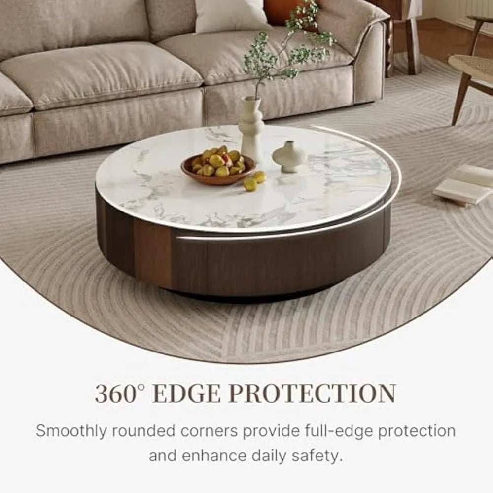 35.43" Modern Coffee Table for Living Room, Round Coffee Table with Storage Drawer, Sintered Stone Top with Metal Base
