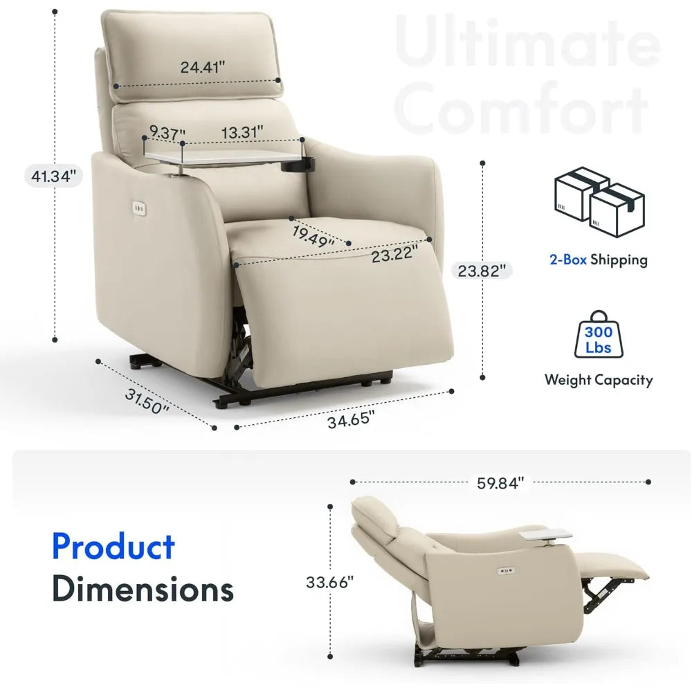 Lune Genuine Leather Power Recliner Chair with Tray Table & Adjustable Headrest, Real Leather Electric Recliner