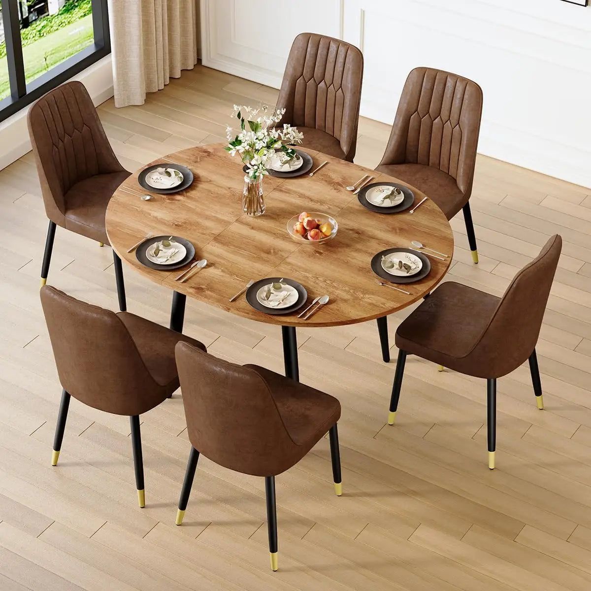Wood Dining Table Set for 6｜ 42" Round to 54" Oval Dining Table Set for 6｜Wood Extendable Dining Room Table with Thick Cushion
