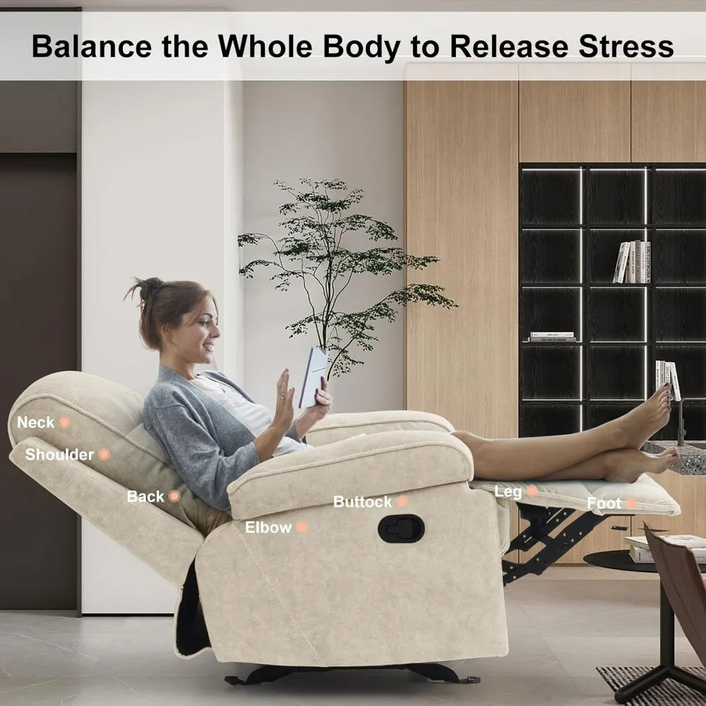 Manual Rocker Recliner Chair for Adults, High Back Glider with Deep Seat, Upholstered Fabric Armchair for Living Room & Nursery