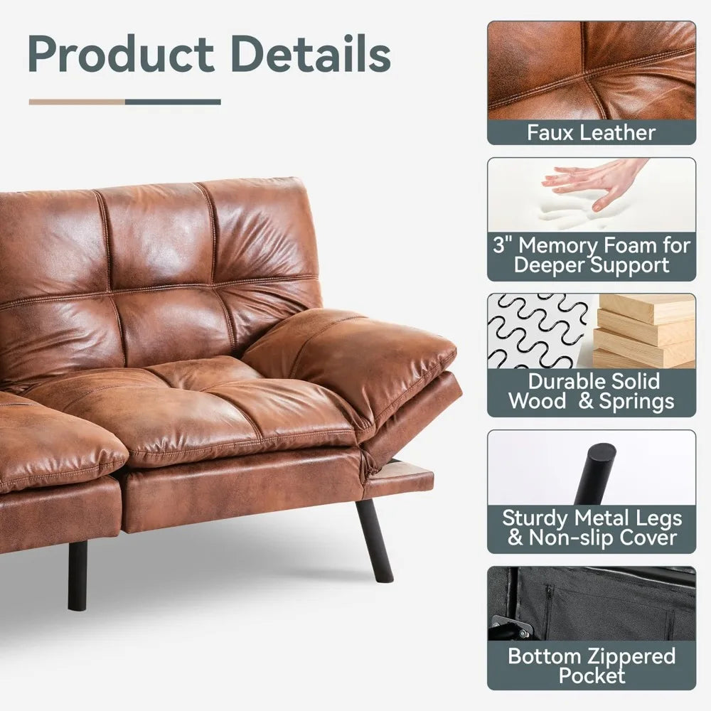 Futon Sofa Bed Convertible Couch, Brown Faux Leather Sofa Bed with Memory Foam, Adjustable Backrest & Armrests, Multifunctional