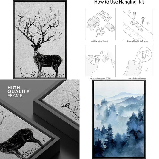 Modern Chic Wall Art: Framed Black and White Deer Canvas with Birds on Antlers Wildlife Scene