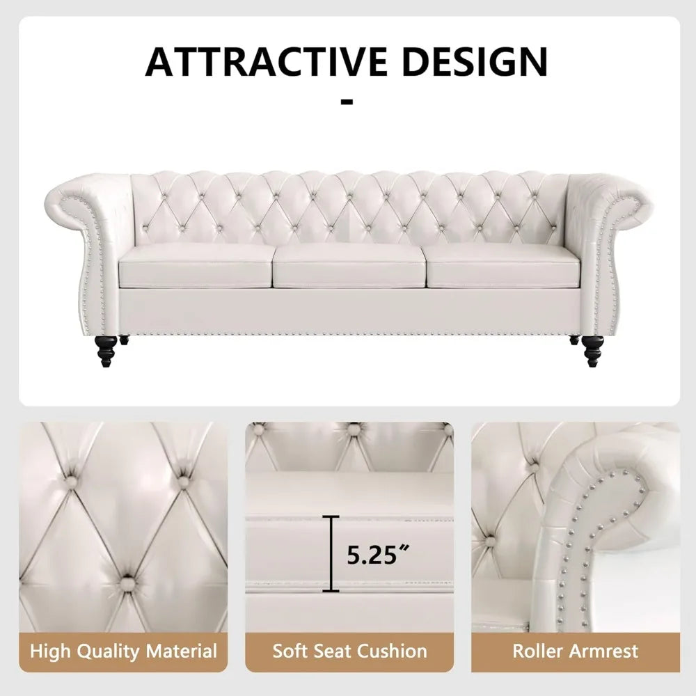 Home Sofa Living Room Furniture, 3 Seater Leather Upholstered Sofa Couch, Modern Comfy Couch with Faux Leather Cushions