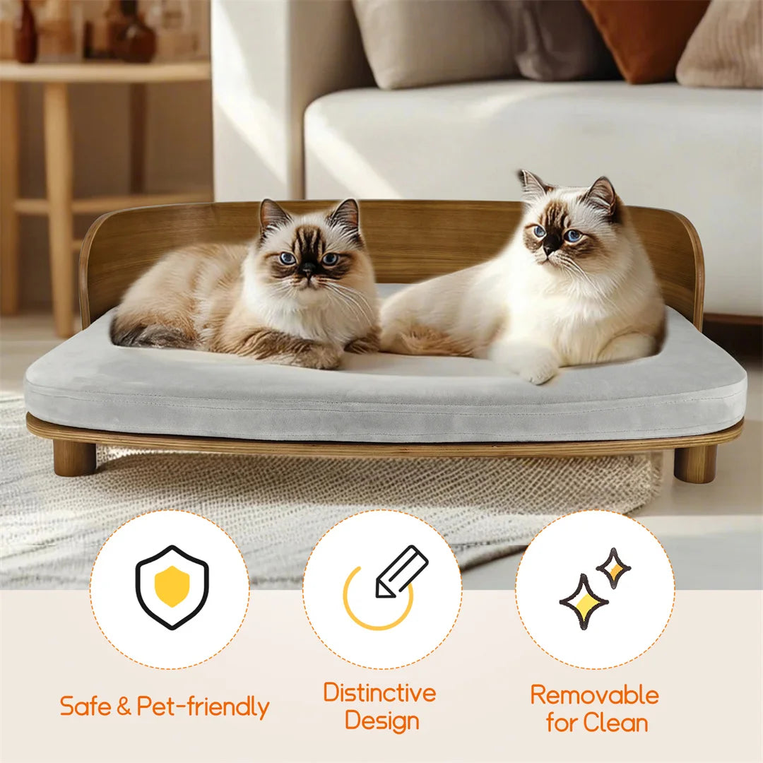 Indoor Wooden Elevated Dog Cat Bed Sofa Couch Puppy Stool Bed with Cozy Sponge Pad for Small Cats and Pup