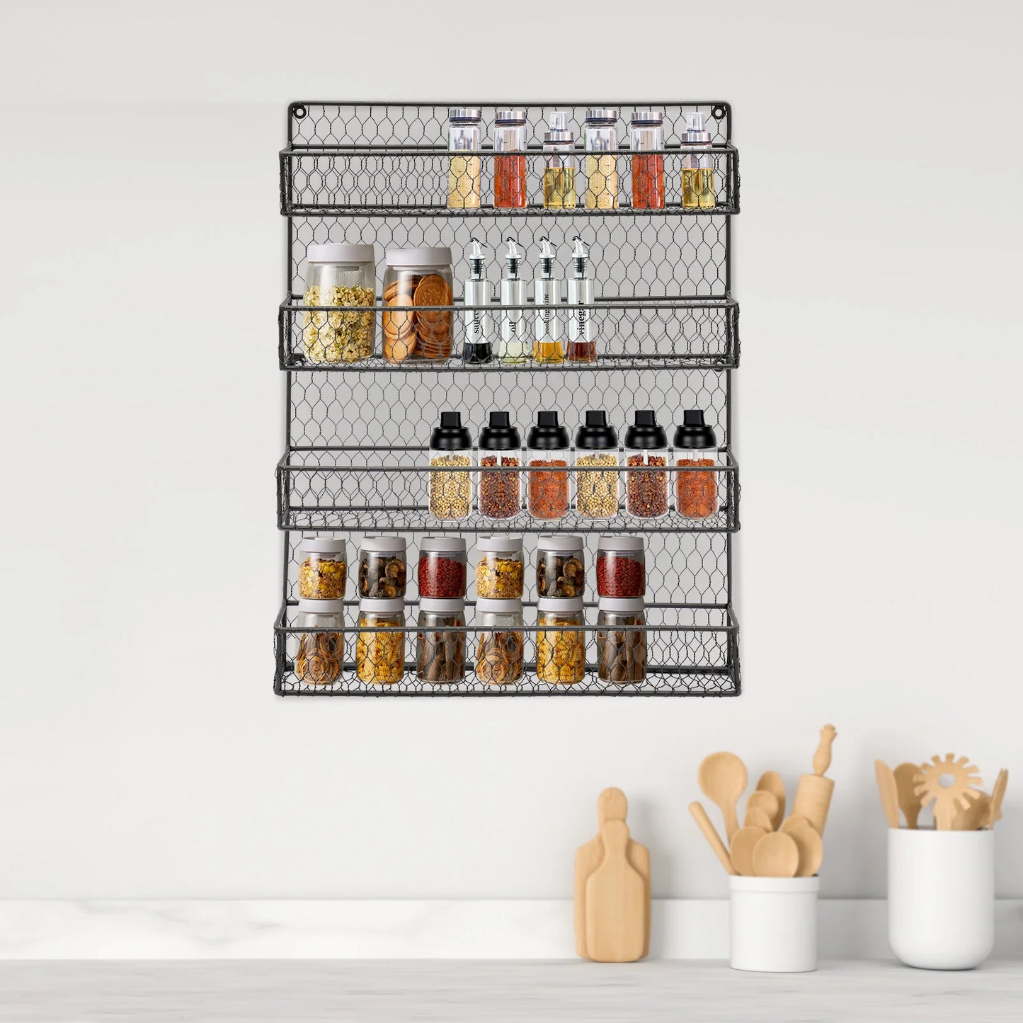 4-Tier Iron Wall Mounted Spice Rack,Black Rectangle Kitchen Spice Rack 43*6*53cm for Store Spice Jars