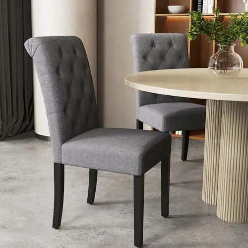 Upholstered Dining Chairs Set of 4, Tufted Parsons Kitchen Chair, Gray Linen Fabric, Solid Wood Legs