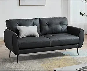 Mid-Century Modern Black Faux Leather Small Sofa, 61" Loveseat Couch for Living Room, Tufted Comfortable Mini Sofa for Office