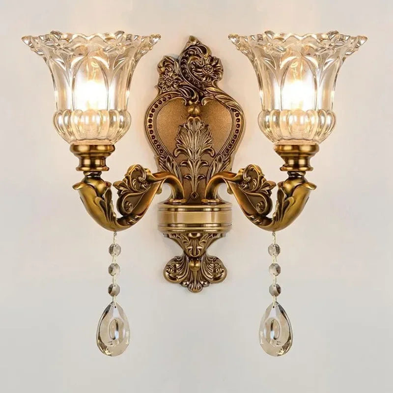 2025 New European Style Retro Crystal Glass Wall Lamp Dual Head Living Room Bedroom Bedside Lamp Corridor Corridor Wall Lamp