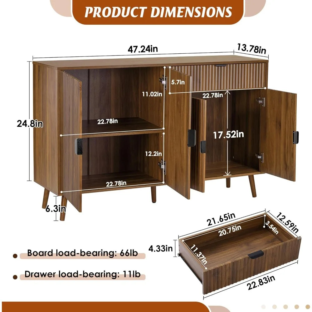 Fluted Buffet Cabinet with Storage, Modern Storage Cabinet with Doors, Large Wood Buffet Sideboards for Kitchen Living Room