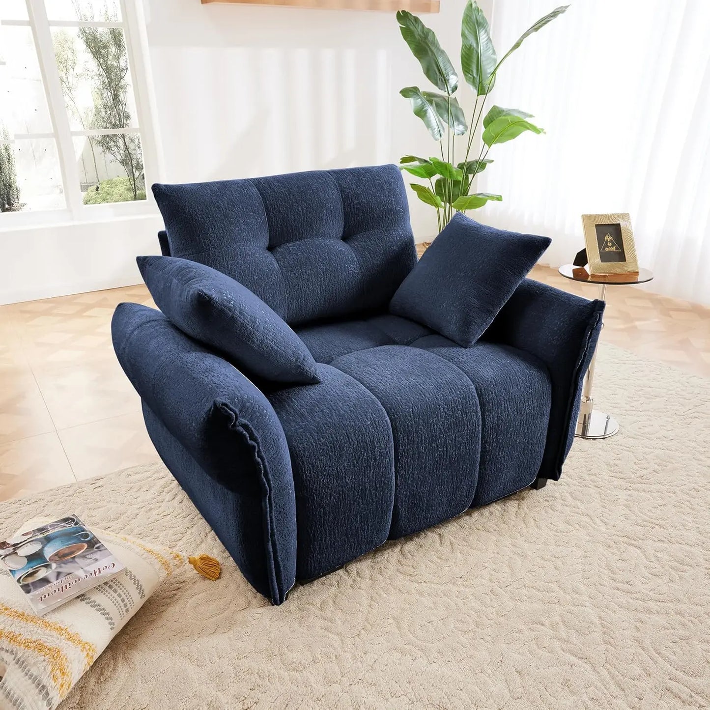 47.2" Modern Chenille Armchair Sofa with 2 Throw Pillows & Ergonomic Design, Deep Seat Couch with High-Resilience Cushions & Stu