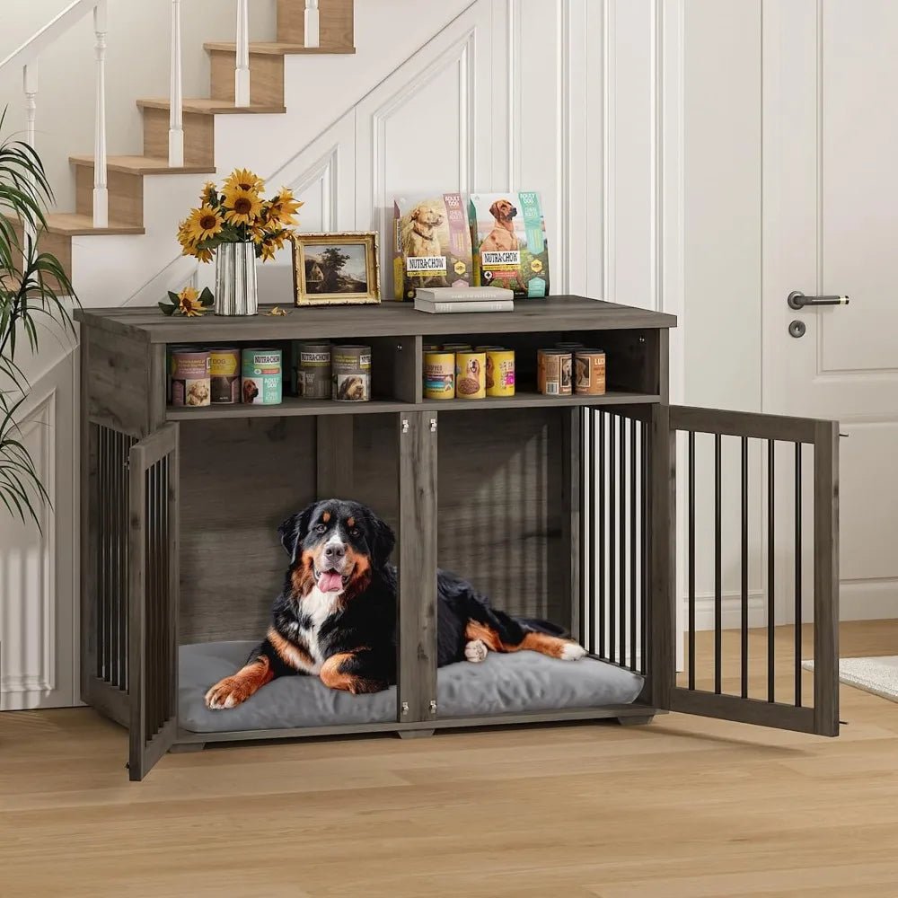 Furniture Dog Crate for 2 Dogs, 41 Inch Dog Kennel Furniture with Removable Divider and Shelf Storage, Wooden Dog Crate for Smal