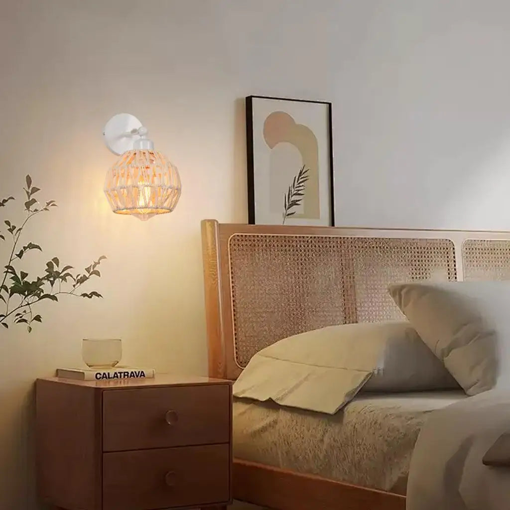 Rattan Wall Lamp Bedroom Living Room Corridor Wall Light E27 Bedside Lamp Retro Hemp Rope Woven Sconce Indoor Lighting Fixtures