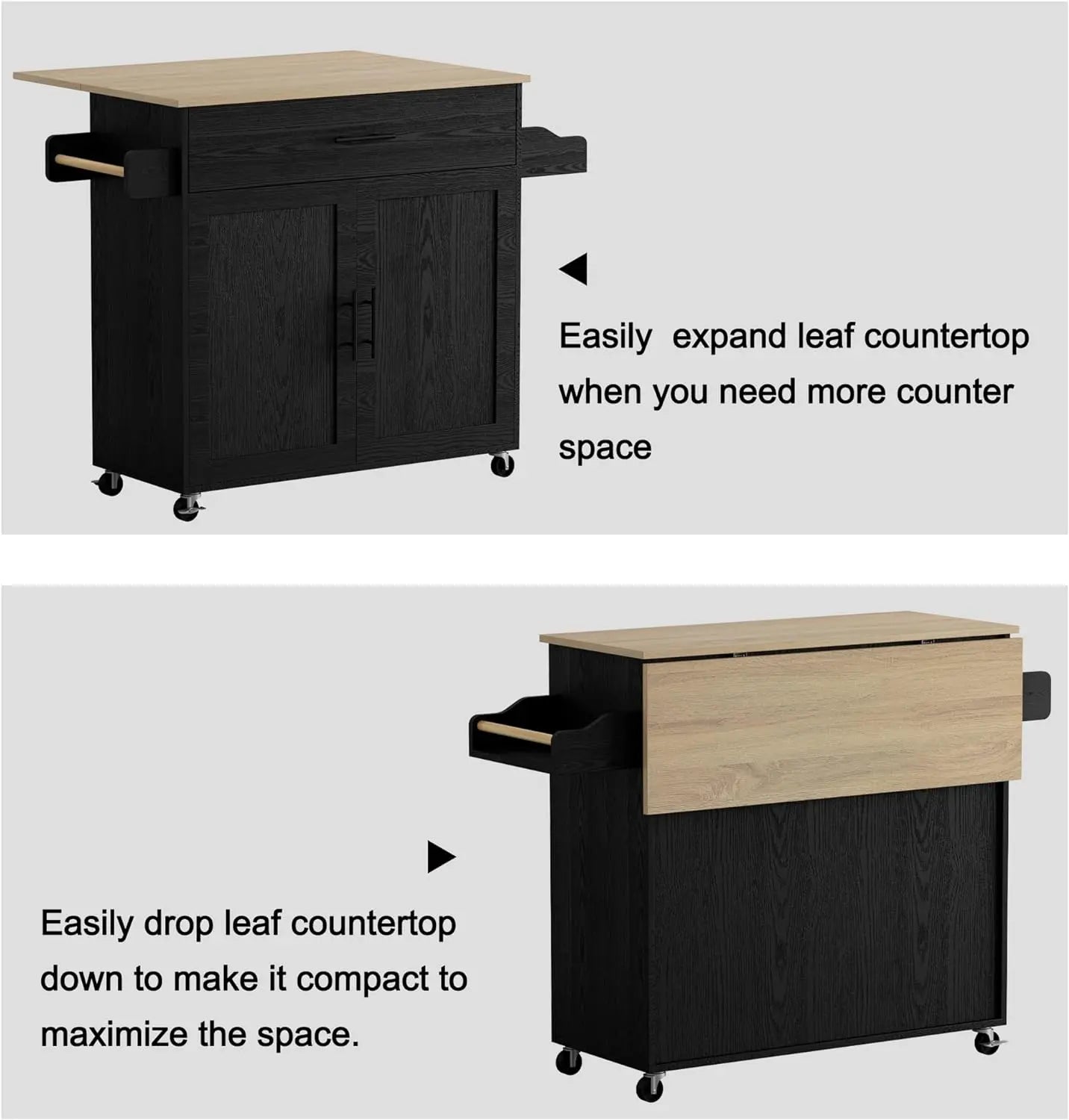 IRONCK Rolling Kitchen Island Table on Wheels with Drop Leaf, Storage Cabinet, Drawer,Spice Rack,Towel Rack, Kitchen Cart, White