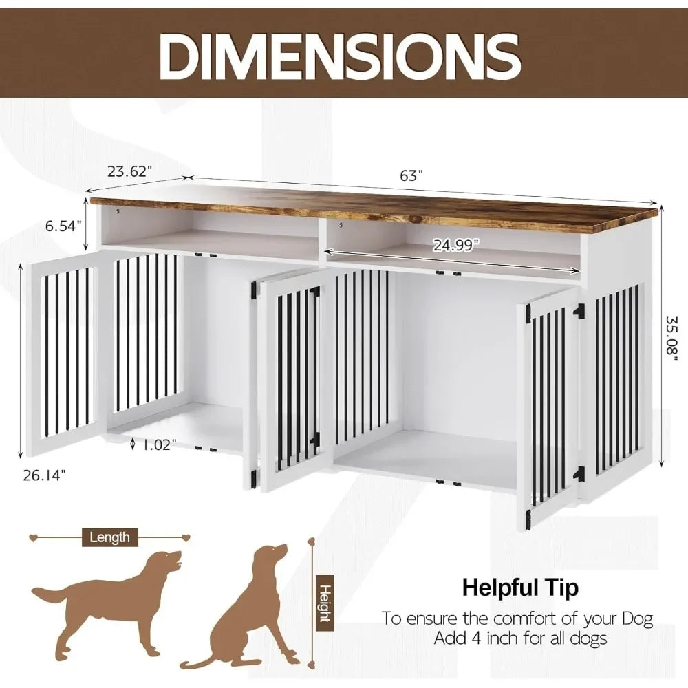 72 Inch Dog Crate Furniture for 2 Dogs Wooden Dog Crate with Storage Compartments Indoor Kennel with 4 Doors