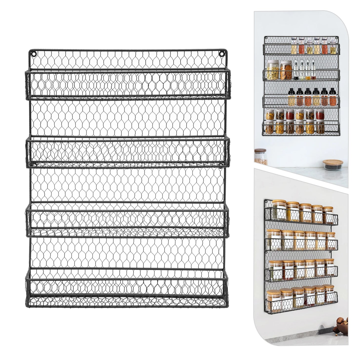 4-Tier Iron Wall Mounted Spice Rack,Black Rectangle Kitchen Spice Rack 43*6*53cm for Store Spice Jars