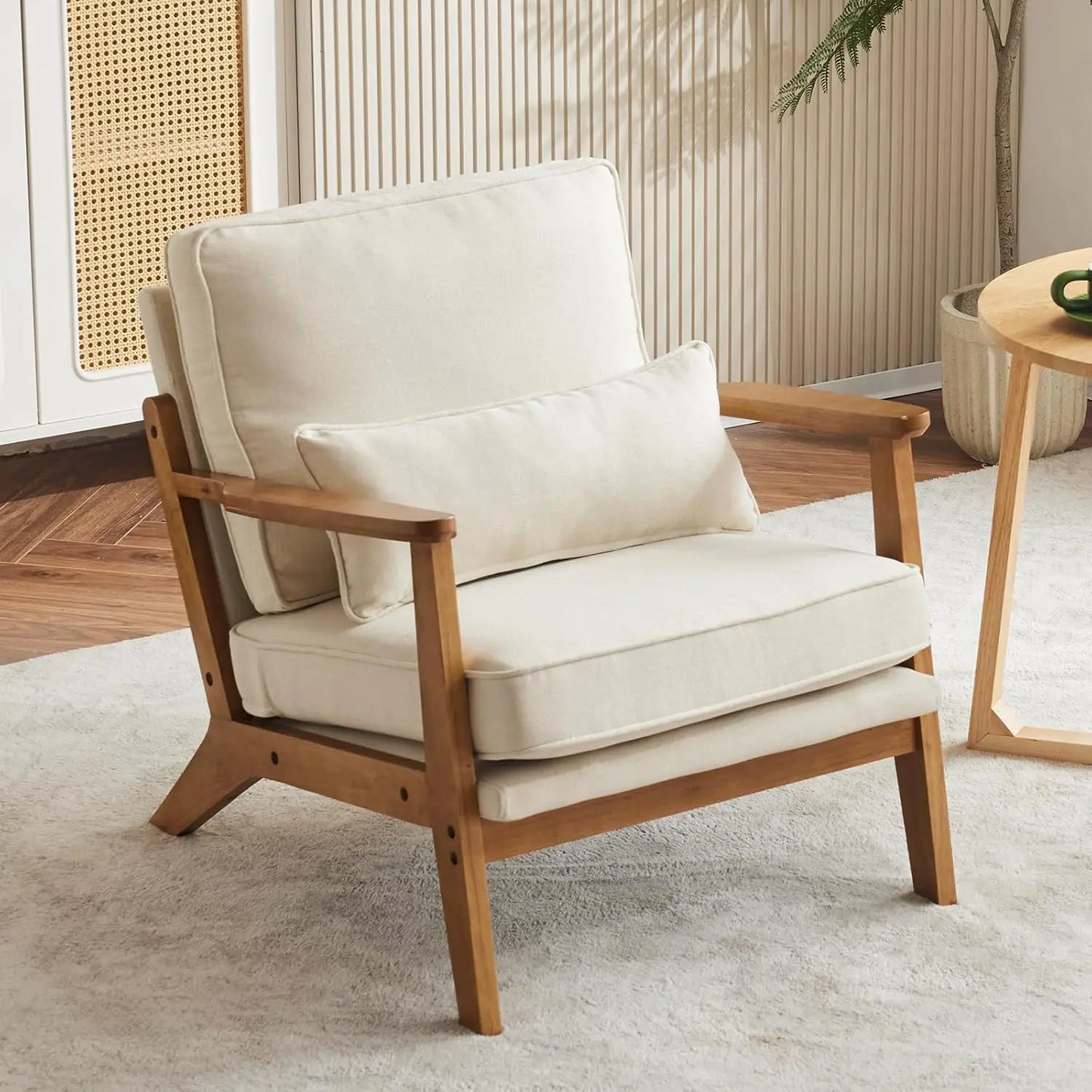 Accent Chair Wide Armrest Mid-Century Lounge Chair Teddy Fleece Armchair with Lumbar Pillow & Solid Wood Frame for Liv