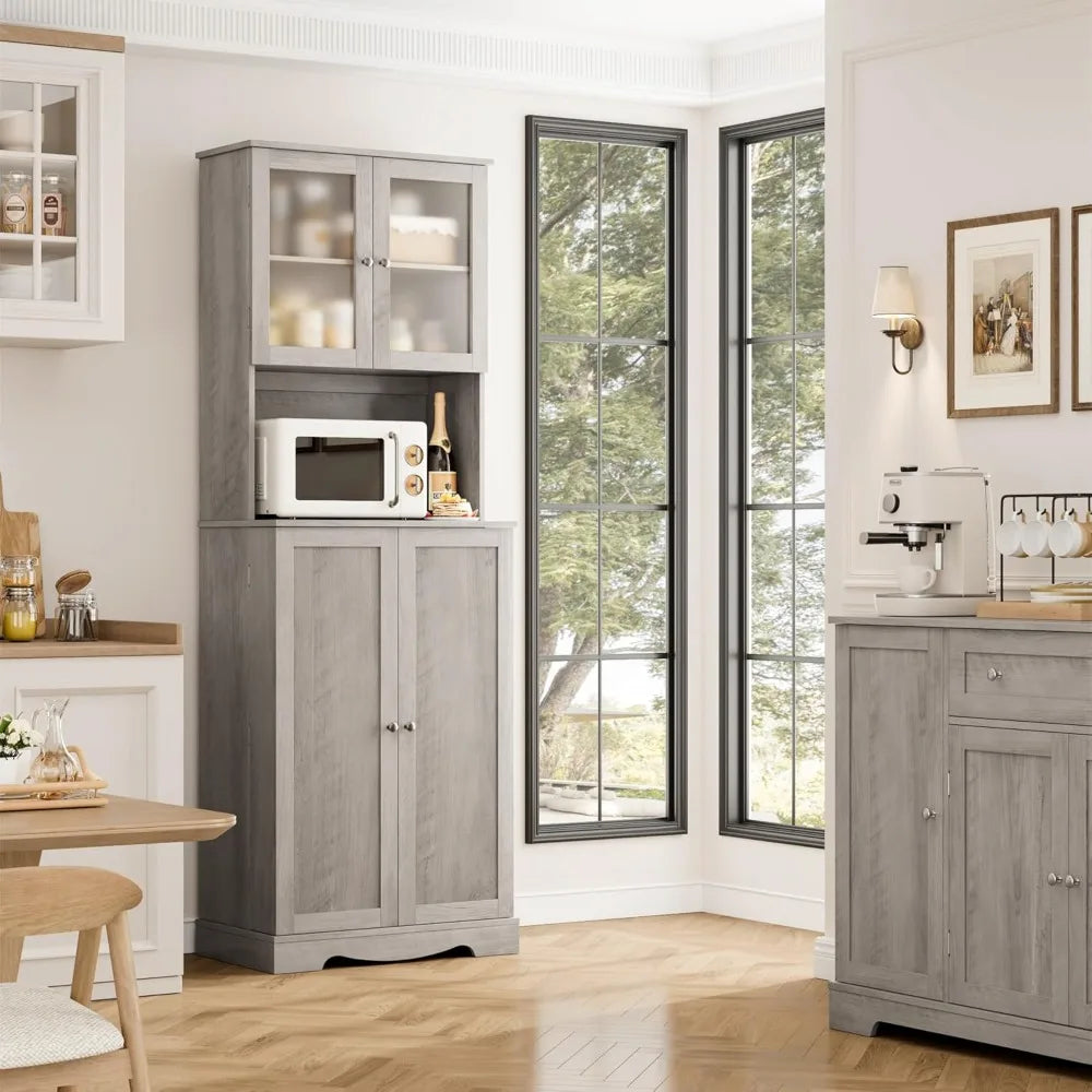 71'' Pantry Cabinet, Tall Storage Cabinet with Microwave Stand, Freestanding Kitchen Hutch with Doors and Adjustable She