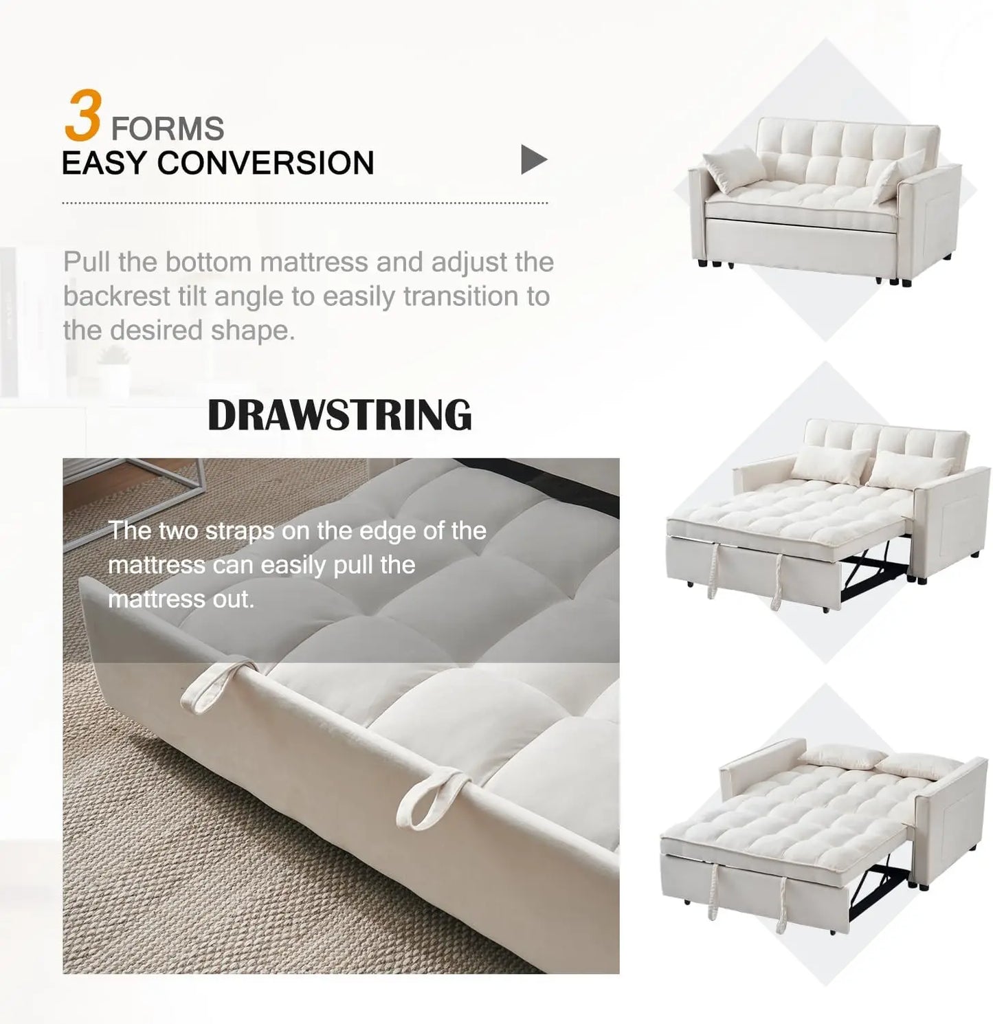 Sleeper Sofa Bed, 3 in 1 Sofa Bed Pull Out Couch Bed with Adjustable Backrest, Modern Sofa Bed