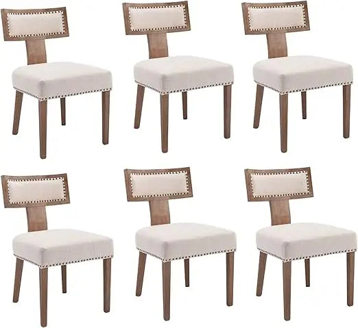 Mid Century Modern Dining Chairs Set of 6, Farmhouse Linen Fabric Upholstered Accent Curved Backrest Kitchen Chairs, with Ha