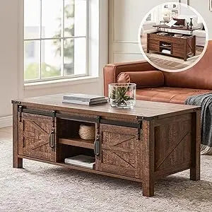 48" Farmhouse Lift Top Coffee Table with Sliding Barn Door,Rustic Center Table with Hidden Storage Compartment,Lifting Tabletop