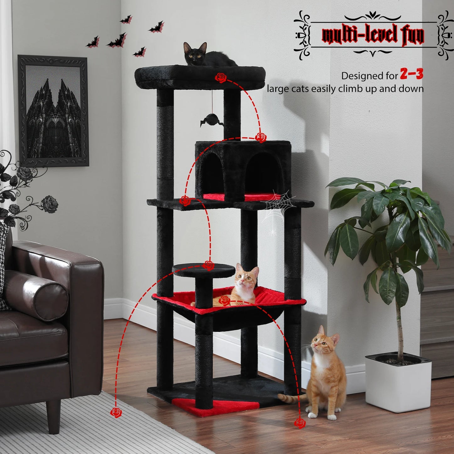 Gothic Cat Tree for Indoor Cats, Tall Cat Tower with Super Large Hammock, Sisal Covered Scratching Post Cozy Condo Top Perch