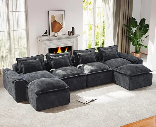 52" Cloud Modular Sectional Couch 4-Seater Sofa with Ottomans U Shaped Couch Deep Seat Sofa with Removable Cover for Living Room
