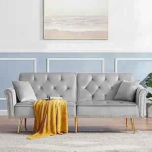 Convertible Velvet Futon Sofa Bed,Sleeper Sofa Couch with Two Pillows and Golden Metal Legs for Living Room (Cream White)