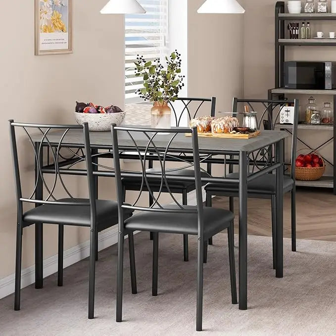4 Person Dining Table Set with Cushioned Chairs, Kitchen Dining Table Set, Metal and Wood Rectangular Dining Table