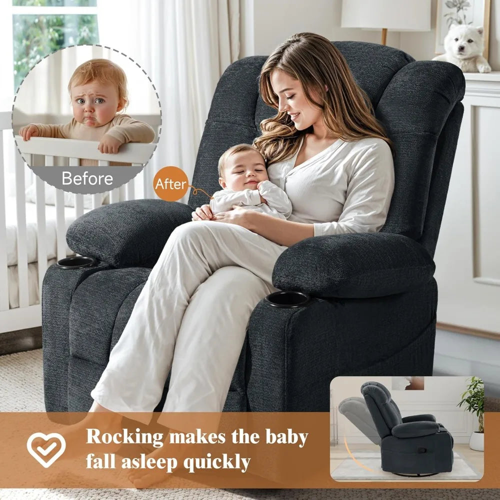 Swivel Rocker Recliner Chair for Adults, Manual Glider Reclining Sofa with Massage & Heat, 360° Swivel Rocking Chair