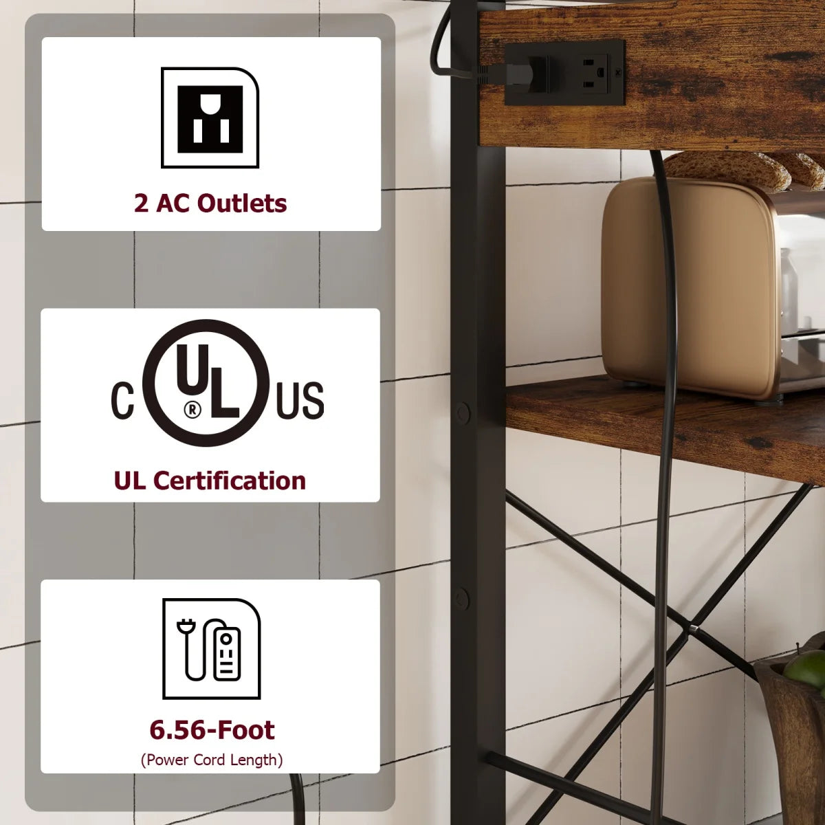 Kitchen Bakers Rack with Power Outlet Microwave Stand Coffee Bar Station Storage Shelves with Basket for Dining/Living Room
