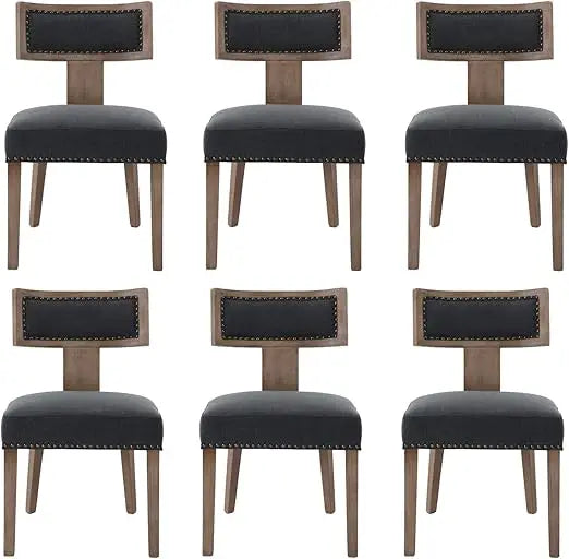 Mid Century Modern Dining Chairs Set of 6, Farmhouse Linen Fabric Upholstered Accent Curved Backrest Kitchen Chairs, with Ha