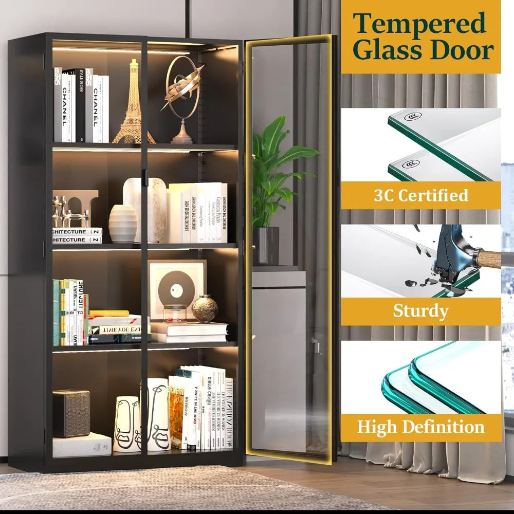 Display Cabinet with Glass Doors and LED Lights, Glass Display Cabinet with 3 Adjustable Shelves, 4 Tier of Storage Space Curio
