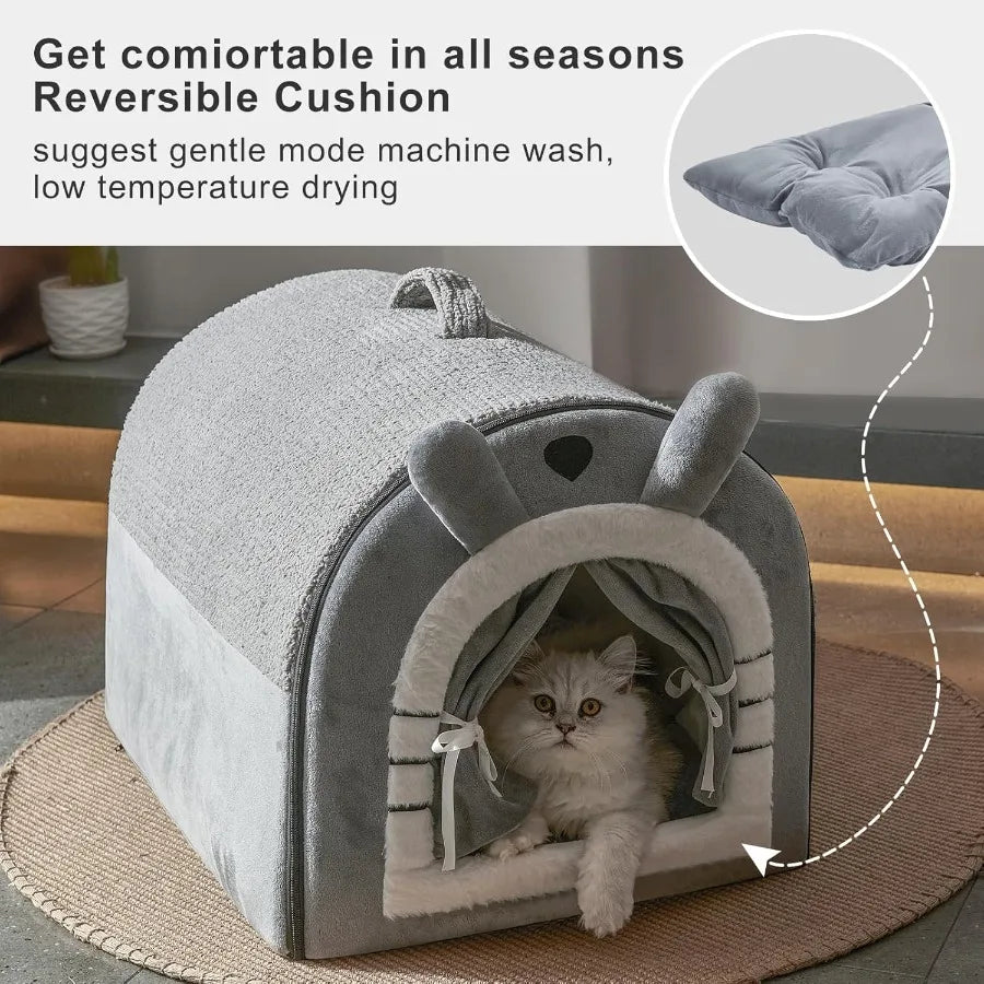 Cat Houses for Indoor Cats Cave Bed with Door Curtain Design Cute Portable Beds with Reversible Washable Cushion S Size Soft Ki