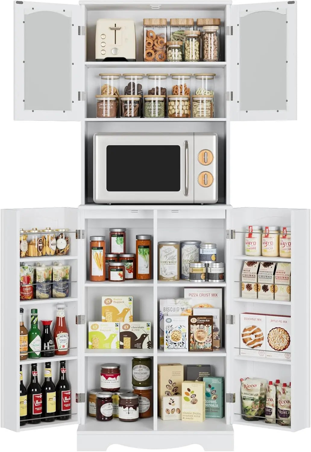 71'' Pantry Cabinet, Tall Storage Cabinet with Microwave Stand, Freestanding Kitchen Hutch with Doors and Adjustable She