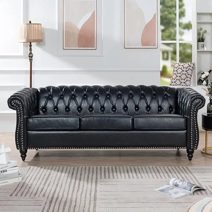 Home Sofa Living Room Furniture, 3 Seater Leather Upholstered Sofa Couch, Modern Comfy Couch with Faux Leather Cushions