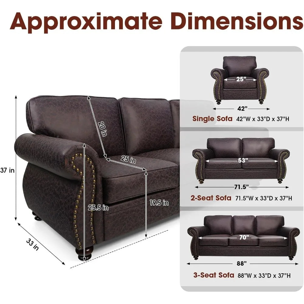 Living Room Furniture Sets,Sofa Sets and Couch Sets for Living Room,Mid-Century Vintage Sofa Couches with Rivet Design (Brown, S