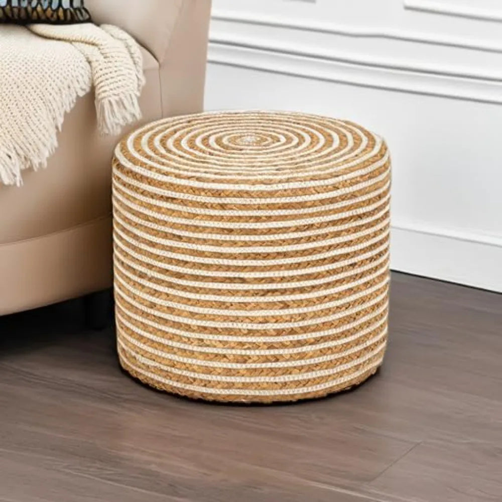 18'' Ottoman Pouf, Natural Braided Poof, Rustic Handweave Lounge Pouffe, Boho Footrest Stool for Bedroom, Accent Table