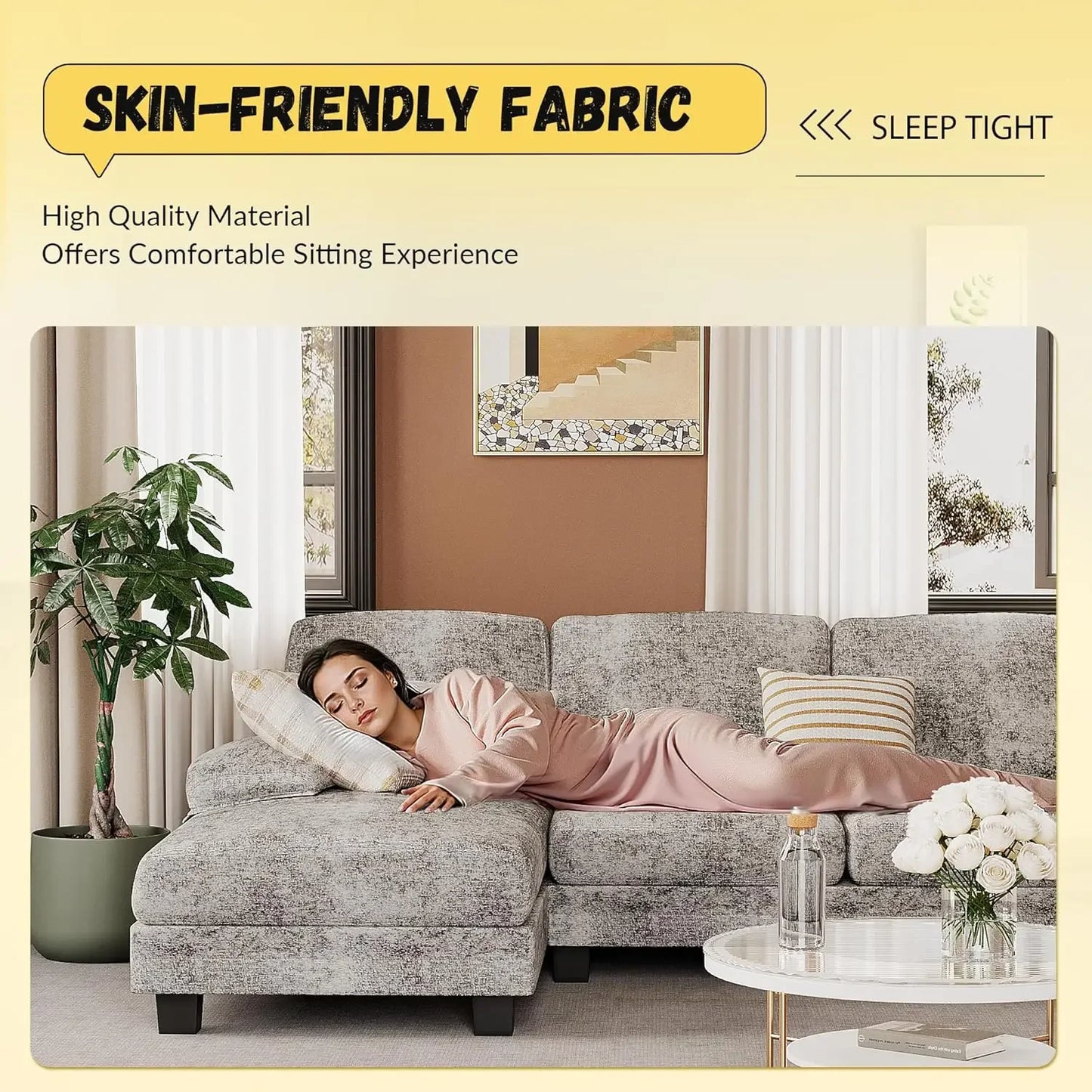 U Shaped Couch with Chenille Fabric, 4 Seat Modern Sofa with Removable Pillows for Apartment and Small Space (Fabric, Grey)