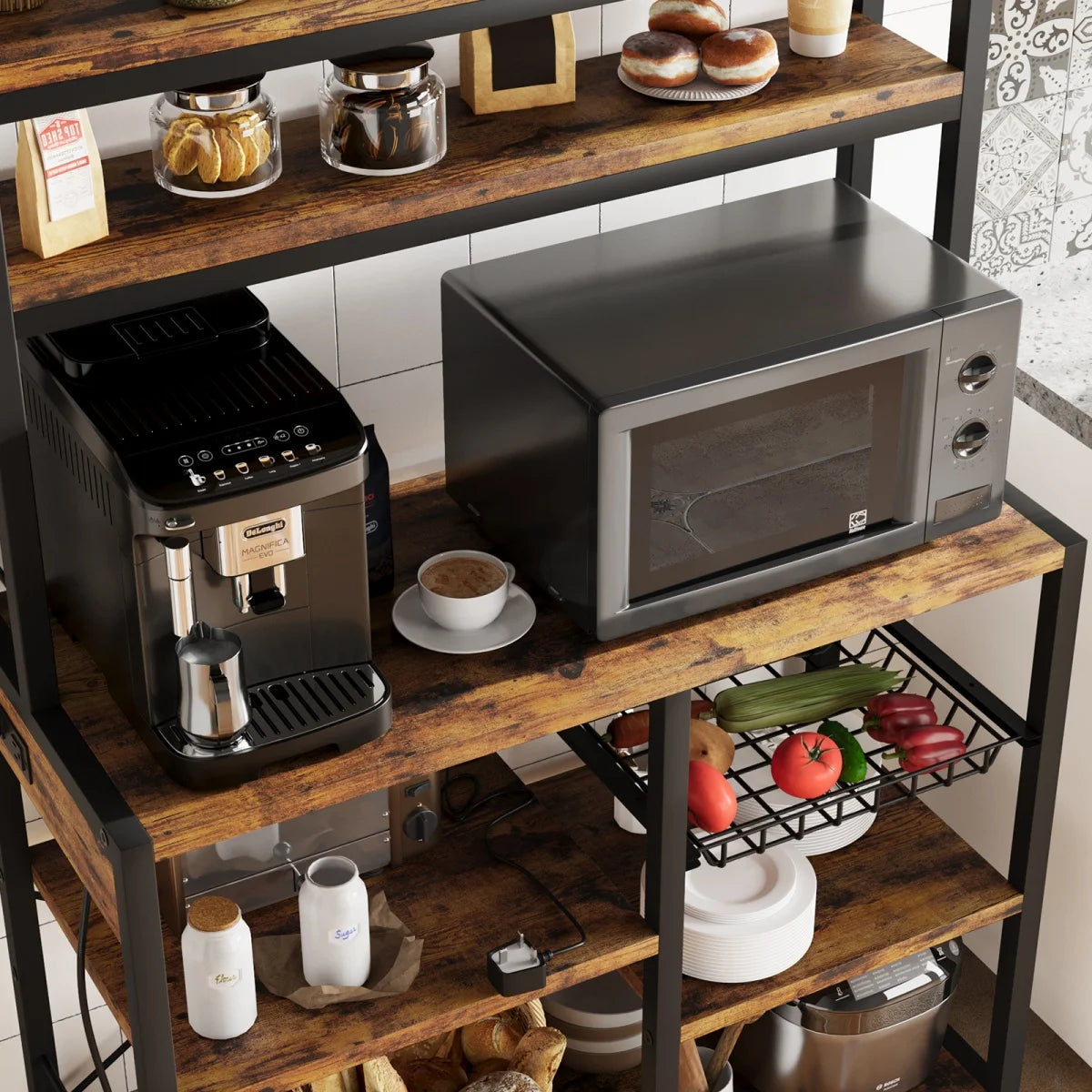 Kitchen Bakers Rack with Power Outlet Microwave Stand Coffee Bar Station Storage Shelves with Basket for Dining/Living Room