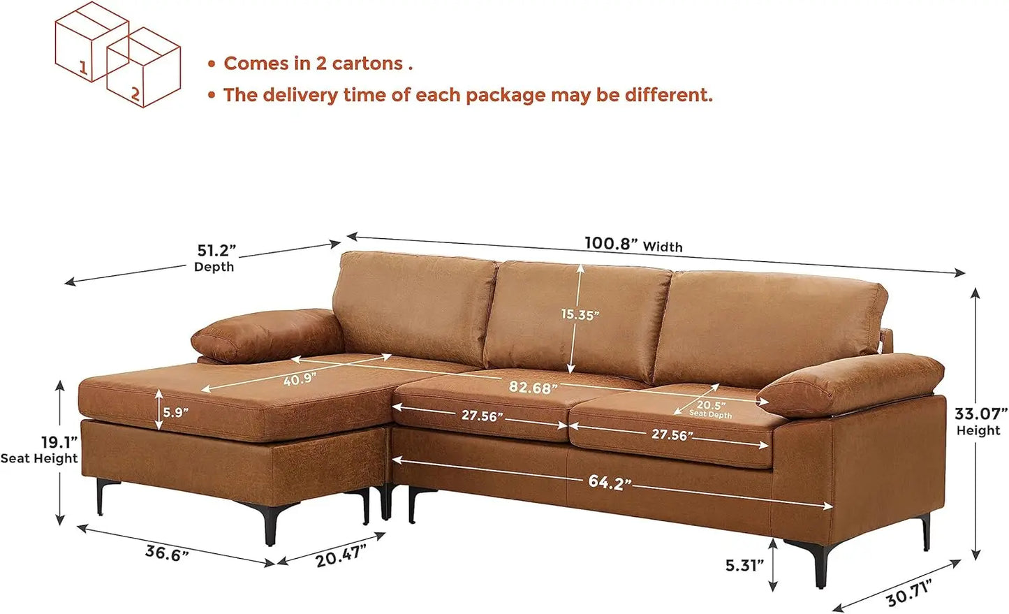 Modular Sectional Sofa, 100" Faux Leather 3-Seater Convertible Sofa with Chaise Modern Sectional Couches for Living Room
