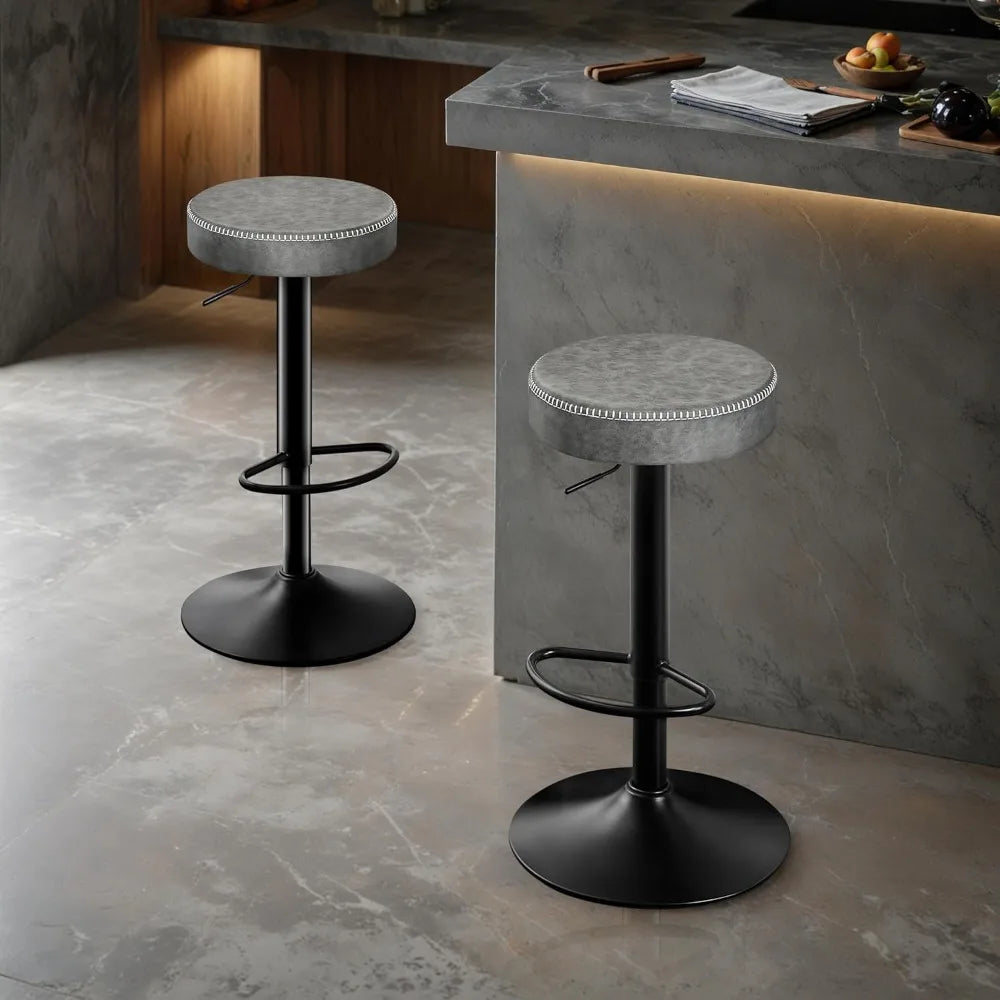 Adjustable Bar Stools Set of 2 Backless Kitchen Barstools with Round Seat 360°Swivel Counter Height Bar Stools Modern Microfiber