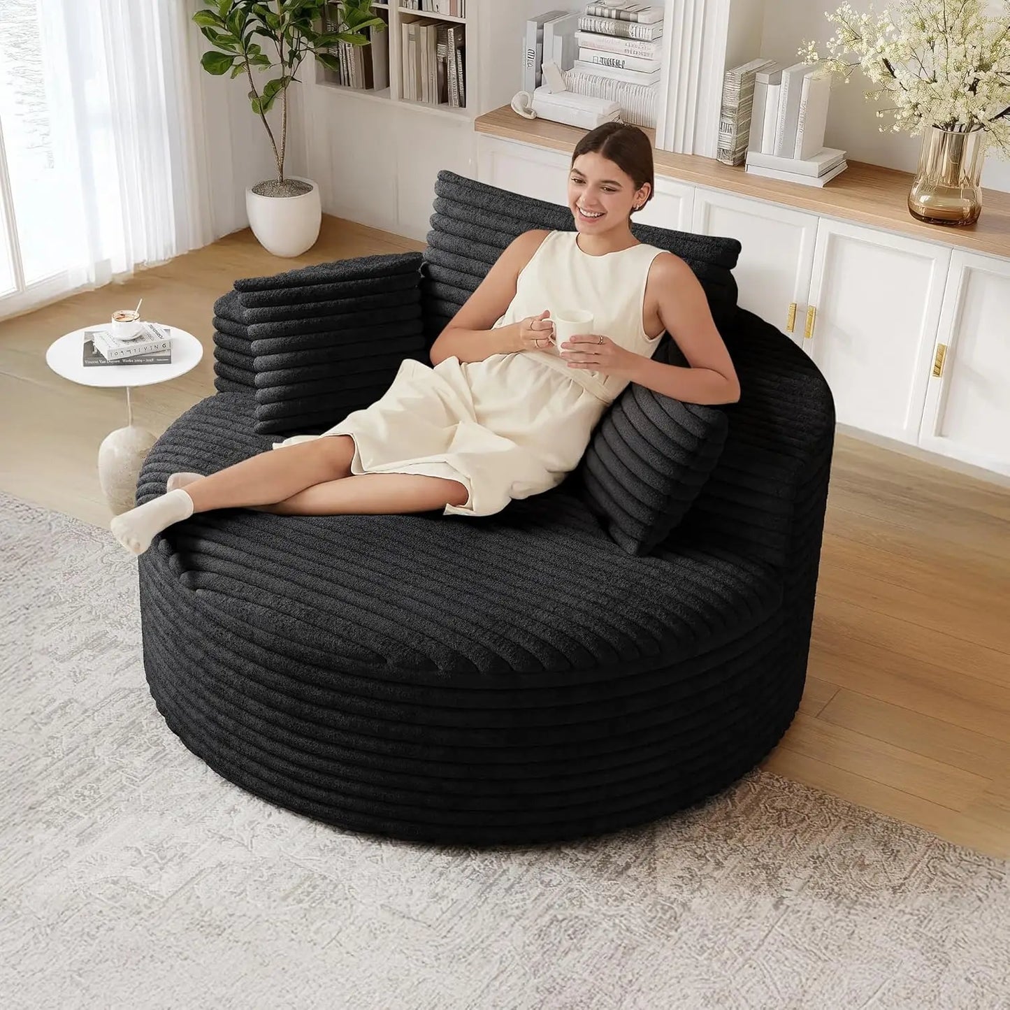 50" Oversized Round Chair Lounge Chaise Indoor, Upholstered Corduroy Sofa with Deep Seat, Single Circle Sofa Chair for Living