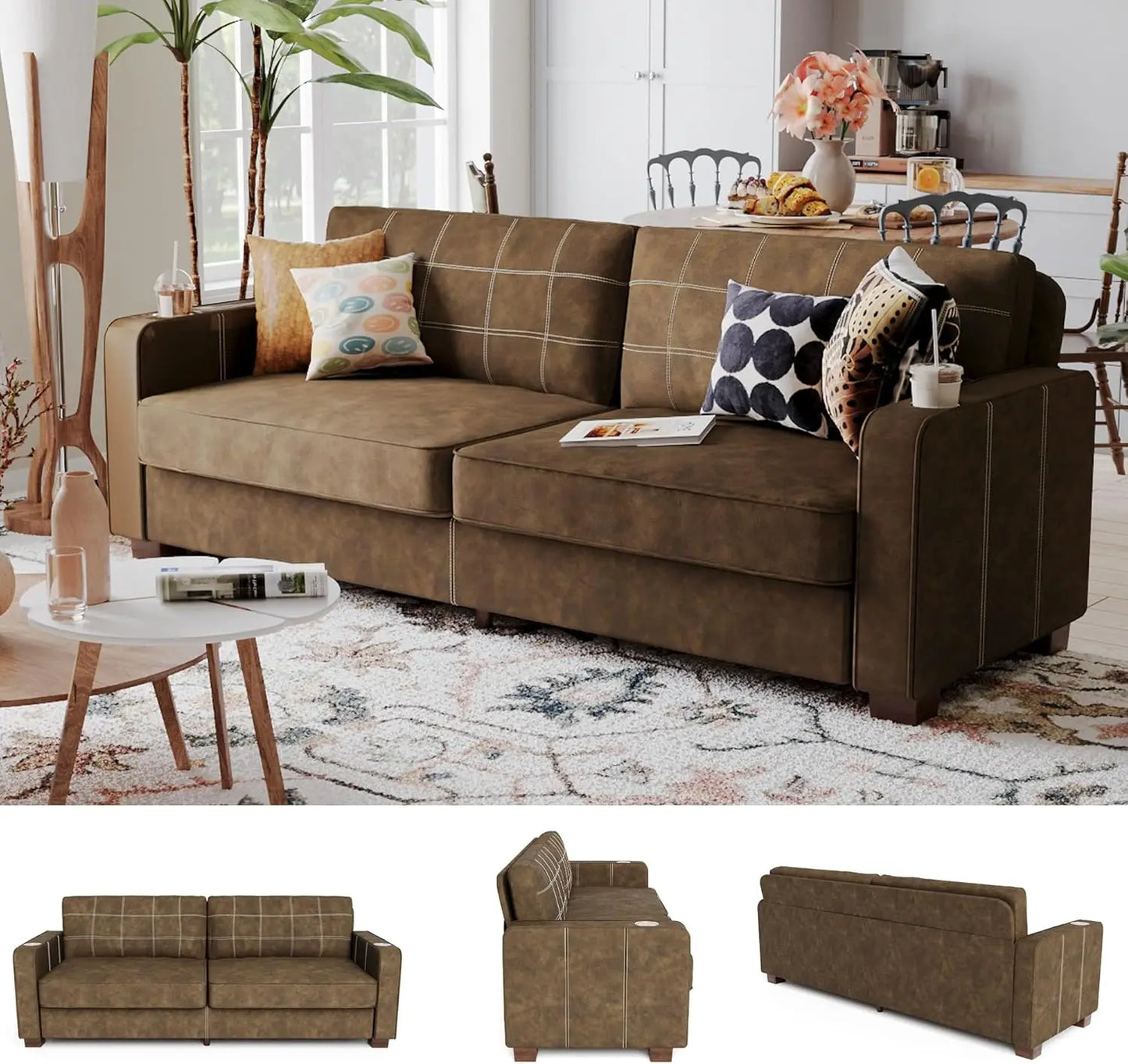 80 Inch Brown Faux Leather Sofa Couch (2 Sets) - Wide Armrests with 2 Built-in Cup Holders, Deep Seats, Contrast Stitching