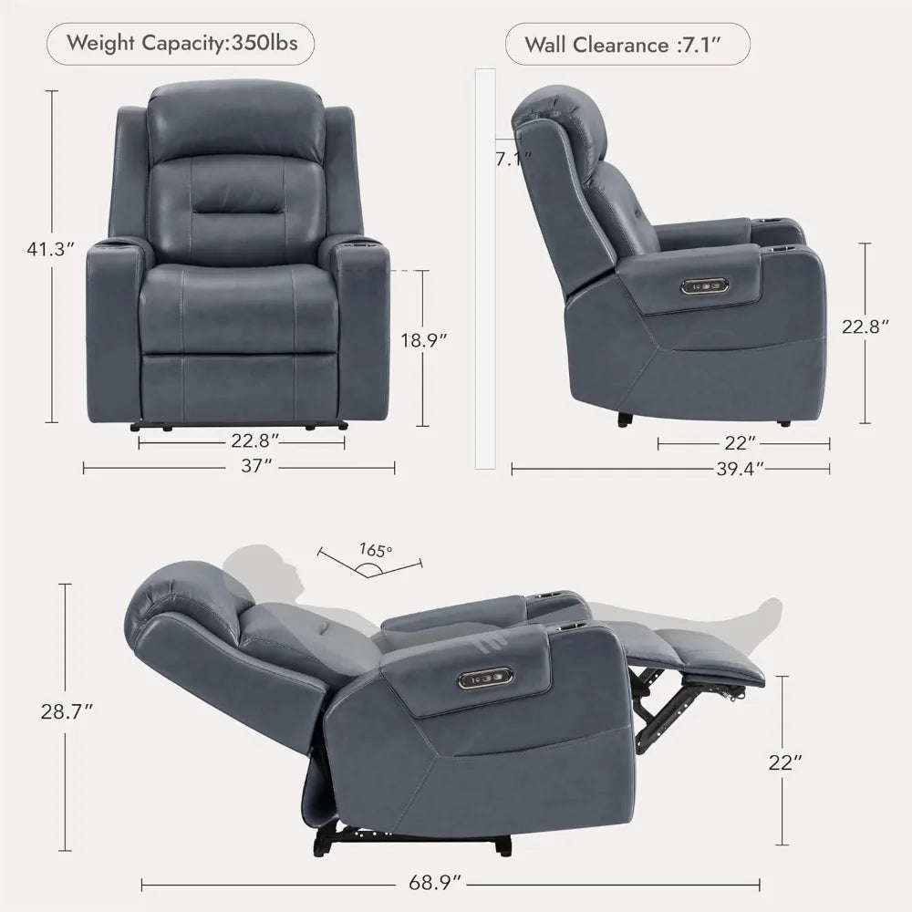 Genuine Leather Power Recliner Chairs for Adults, Lay Flat Recliner with Power Headrest, USB Ports and Cup Holders